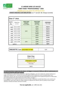 Les tarifs de l'osier vivant et de l'osier brut pour les professionnels, pour un achat de 150 kg minimum